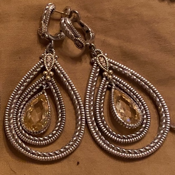 Judith Ripka 925 Sterling Pear drop Citrine & Pave Diamond Earrings 18kGold post - Picture 5 of 11